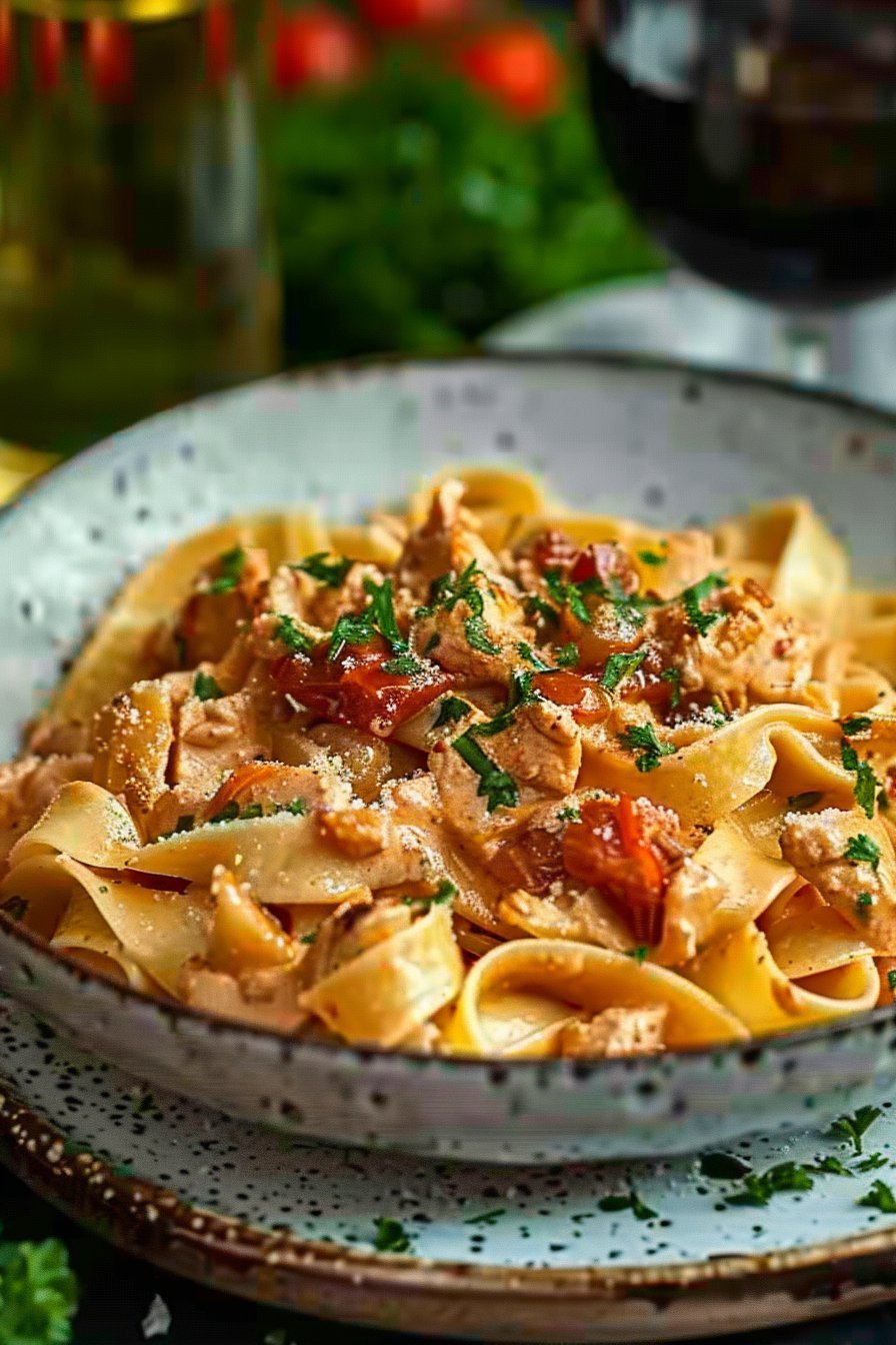 Kremowy kurczak z papryk i tagliatelle serving