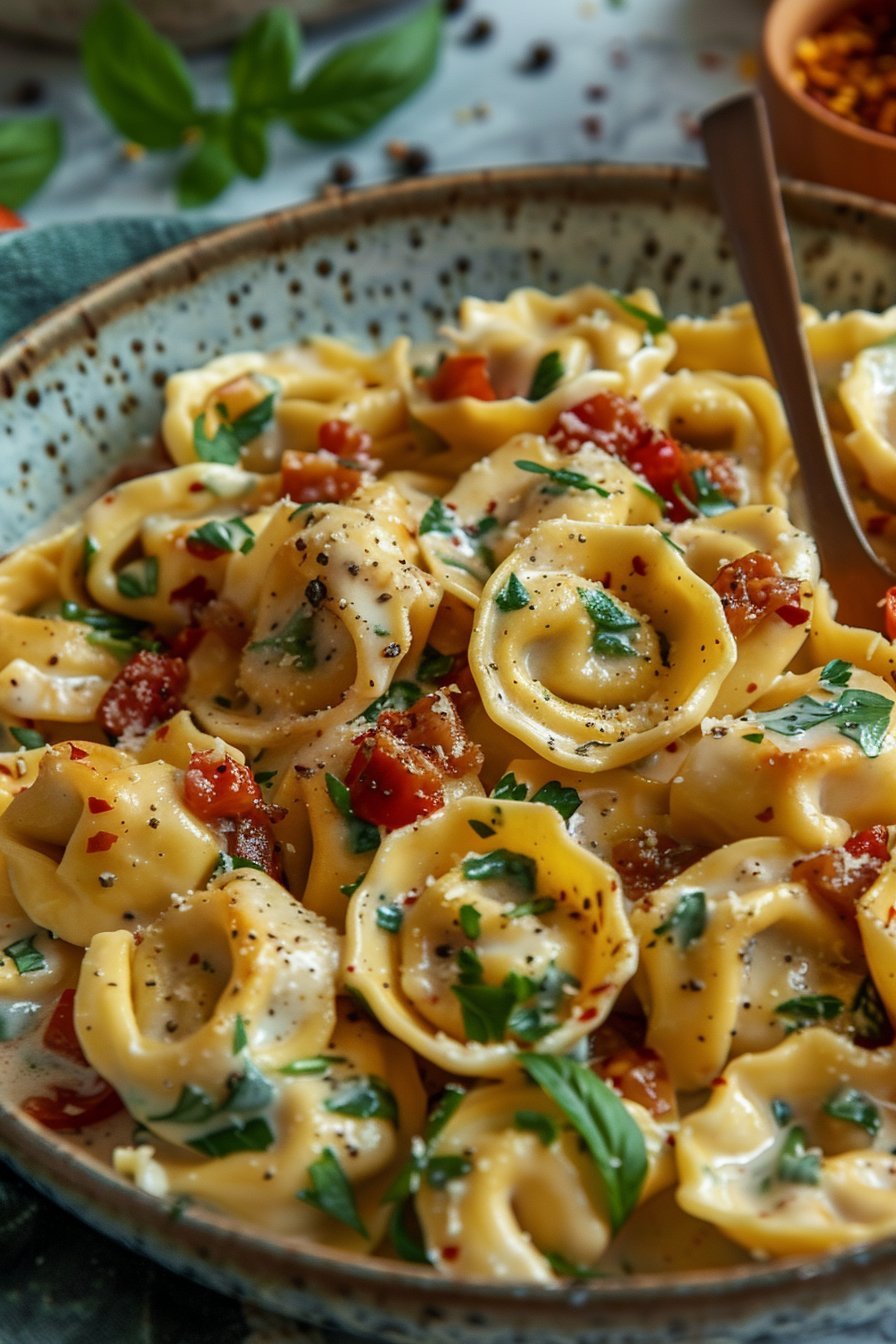 Tortellini w kremowym sosie ze szpinakiem i suszonymi pomidorami serving