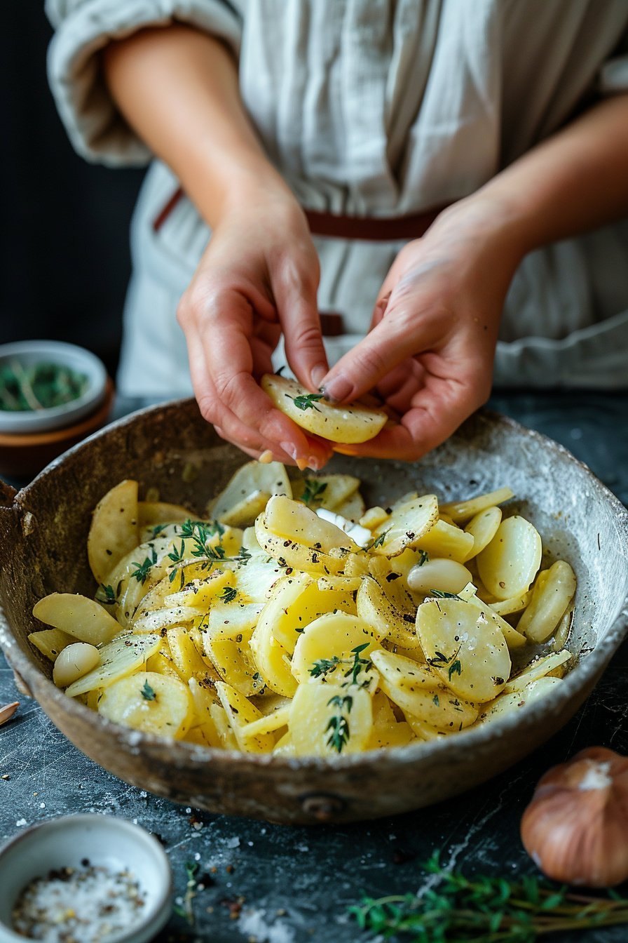 pieczone plastry ziemniaków z czosnkiem i ziołami instructions process