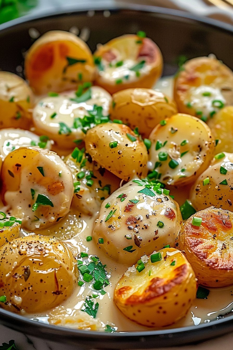 Kremowe Ziemniaczki Z Patelni W Sosie Czosnkowo-serowym serving
