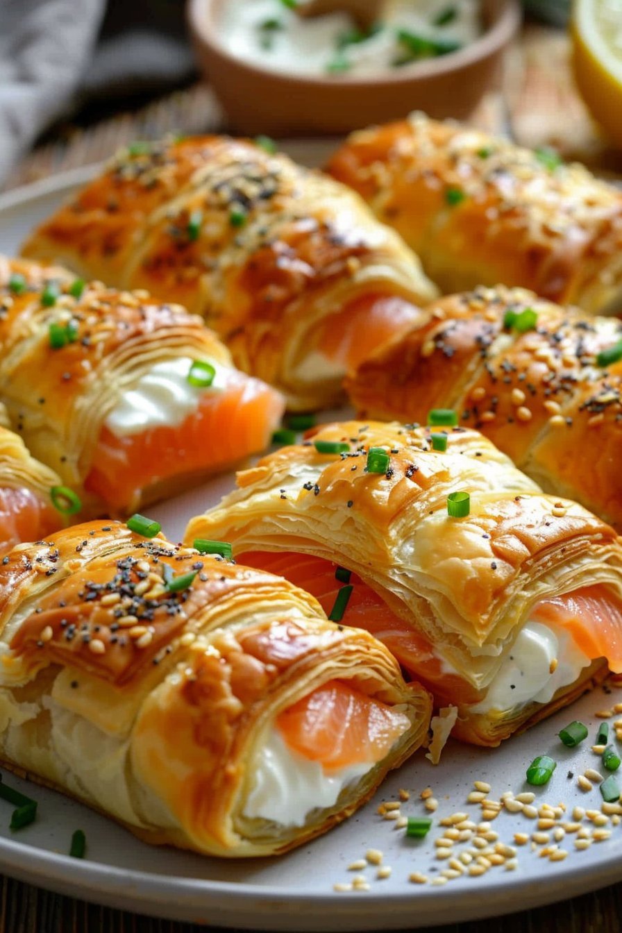 Roladki z ciasta francuskiego z łososiem i serkiem serving